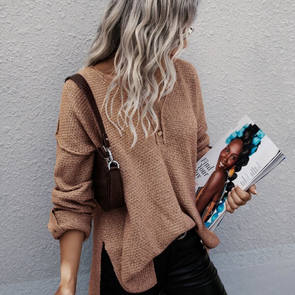 Camel V neck Oversized Knit Sweater Top Minimalist - Picture 2 of 5